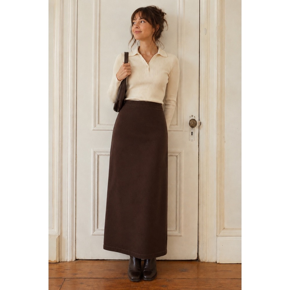Vintage 80s Tweeds Brown Denim Maxi Skirt Size 6 High Waist Cottagecore Twee